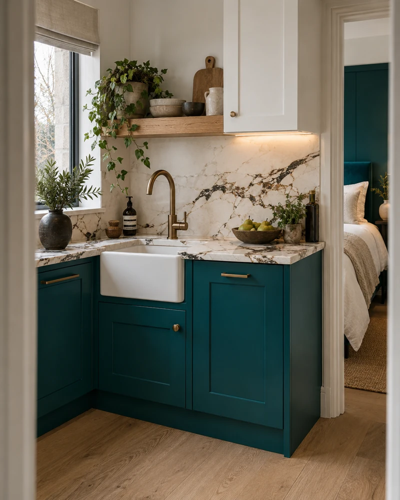 Azure Studio proposed design with peacock teal joinery, veined quartz, oak and brushed bronze