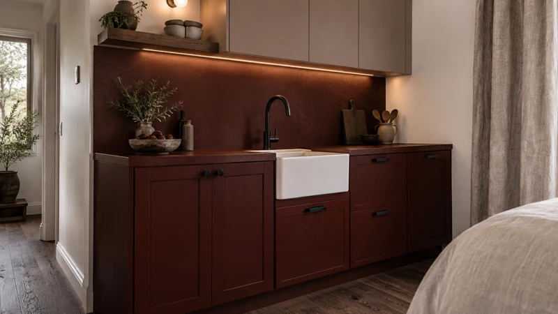Rosso Studio proposed design with deep clay joinery, smoked oak and matt black details
