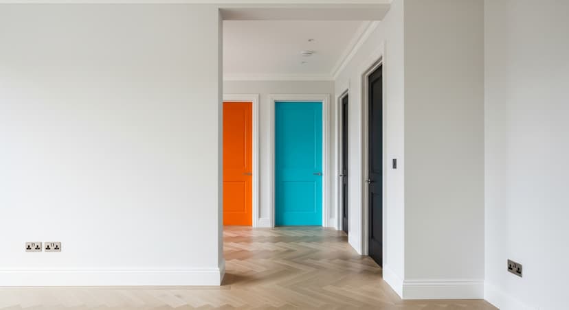 A period kitchen with teal cabinetry, an orange doorway and pale timber flooring